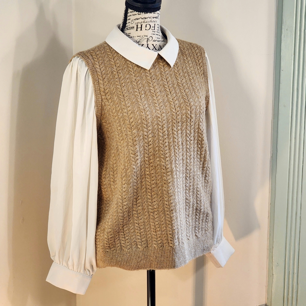 CeCe Soft Tan Knit Vest With Collar And Sleeves - Picture 2 of 13